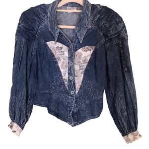 Vintage Carrell Denim Tapestry Studded Jacket with Back Lace up
